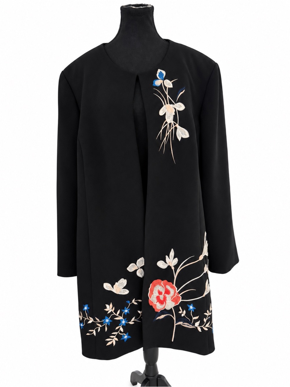 Tahari Arthur S. Levine 22W Black Floral Embroidered Longline Jacket